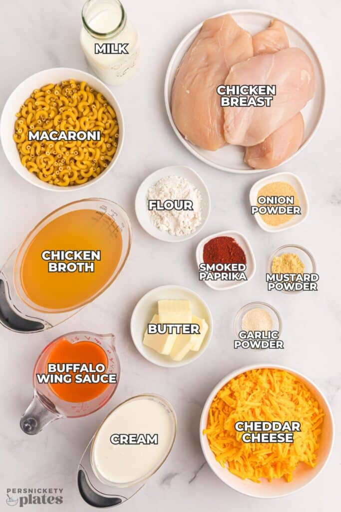 labeled ingredients for buffalo chicken mac and cheese.