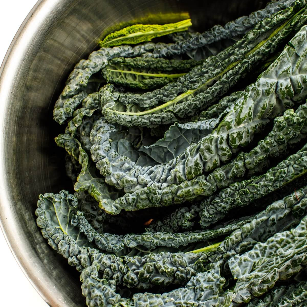 Leafy green kale in a large metal bowl, part of how to wash and store leafy greens.