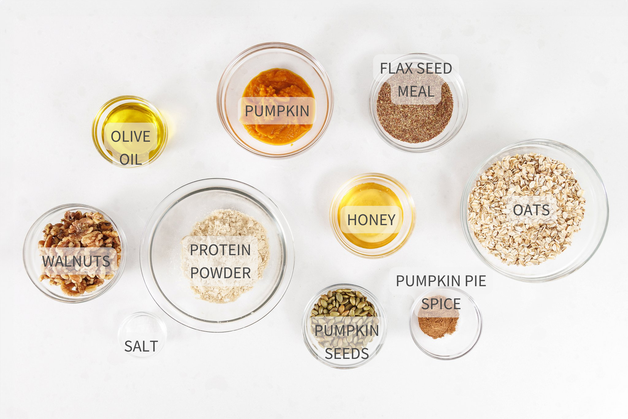 Labeled ingredients for high protein pumpkin spice granola.