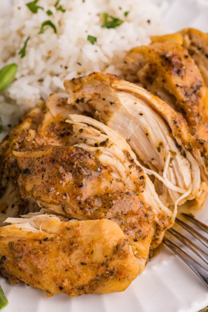 Sliced spicy ranch chicken served with rice.