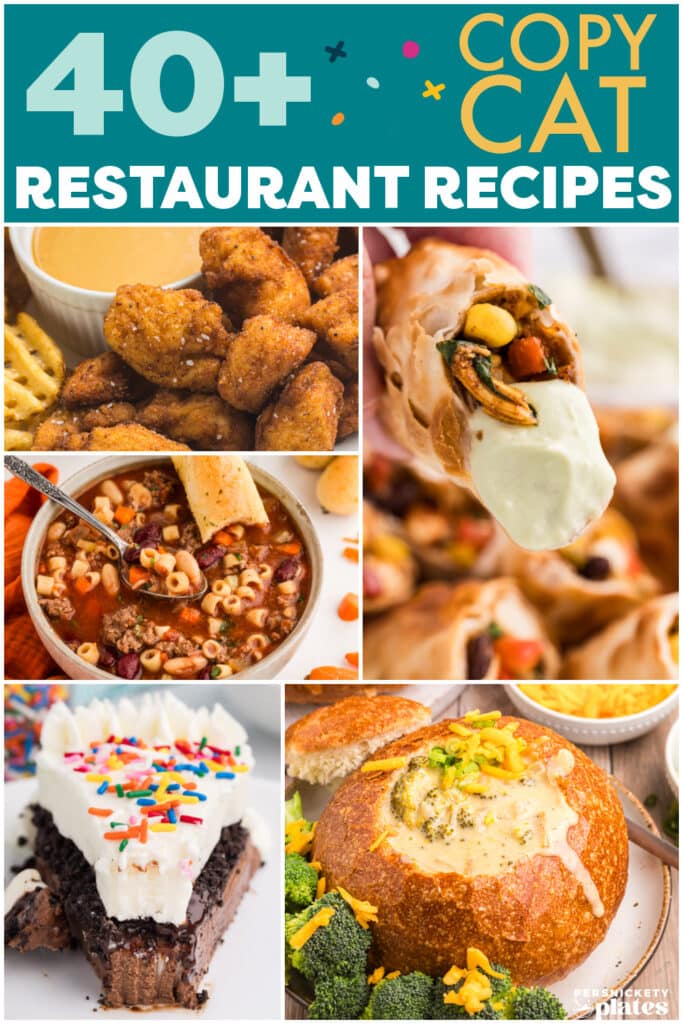 A colorful collage showing golden chicken nuggets with dipping sauce, minestrone soup with pasta, southwest egg rolls dipped in creamy sauce, a slice of chocolate pie with whipped cream and sprinkles, and broccoli cheddar soup served in a bread bowl.