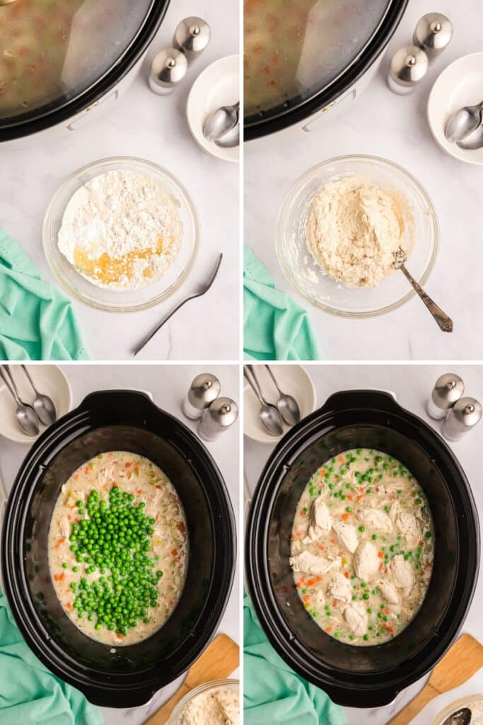 Four-step collage showing dumpling dough preparation and addition to slow cooker.
