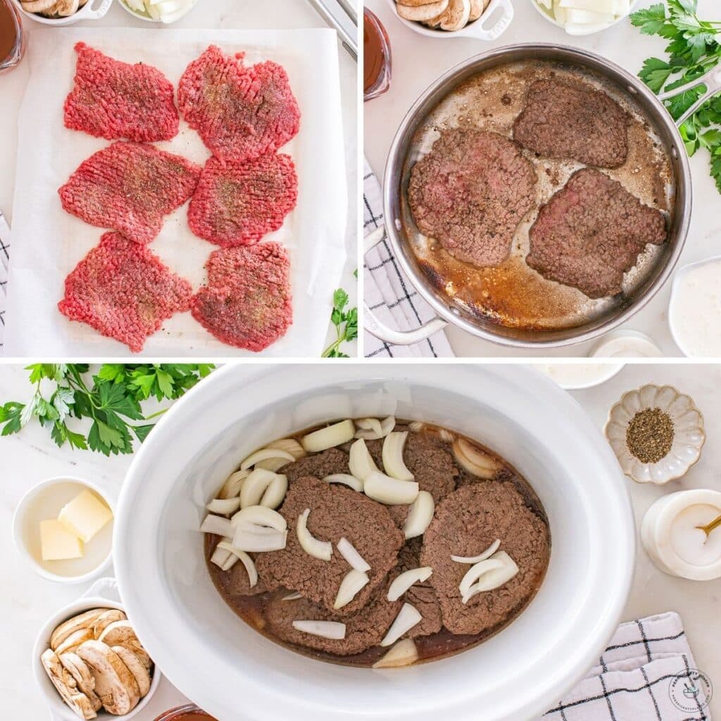 collage of seasoned raw cube steak, seared steak, and steak layered with onions in a slow cooker.