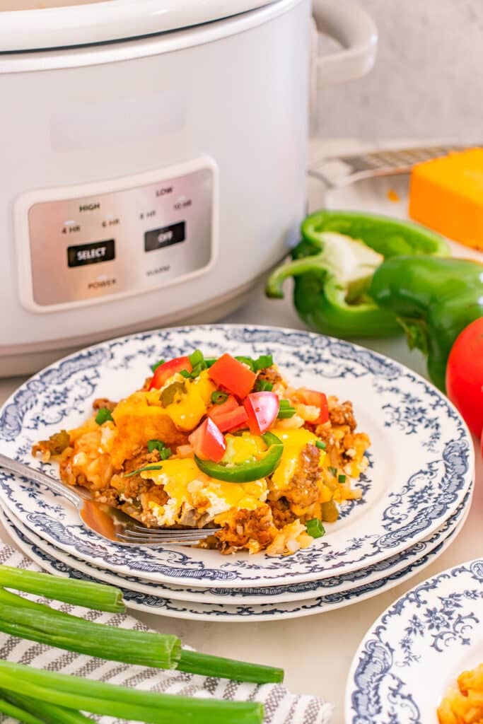 A serving of cheesy tater tot casserole on a patterned plate in front of a slow cooker.