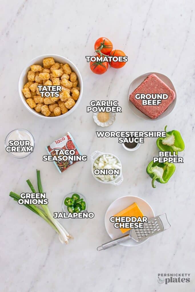 Overhead view of ingredients labeled for casserole, including tater tots, cheese, beef, peppers, and seasonings.