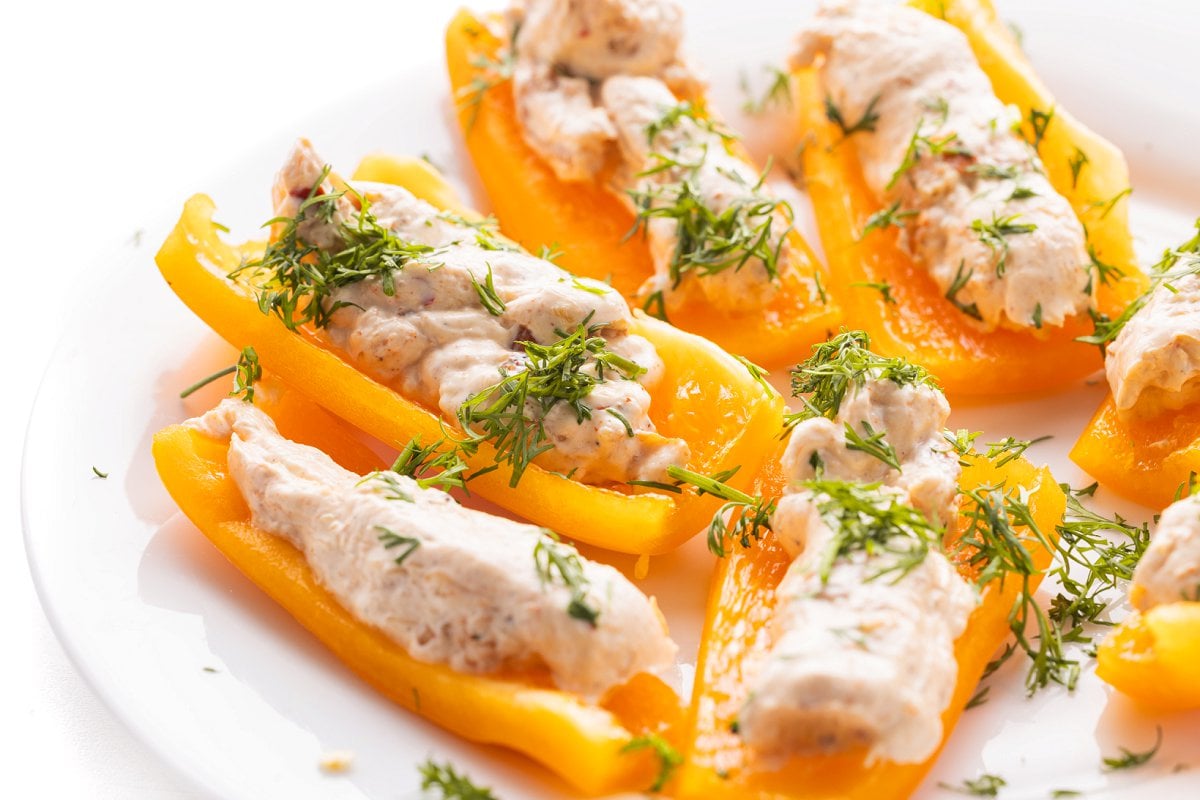 6 bell pepper slices filled with smoked cajun shrimp spread and topped with fresh herbs.