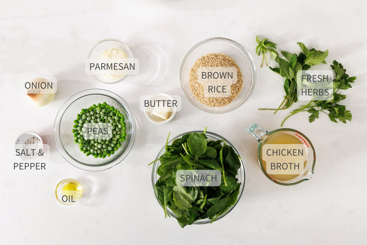 Labeled ingredients for brown rice with spinach and herbs.