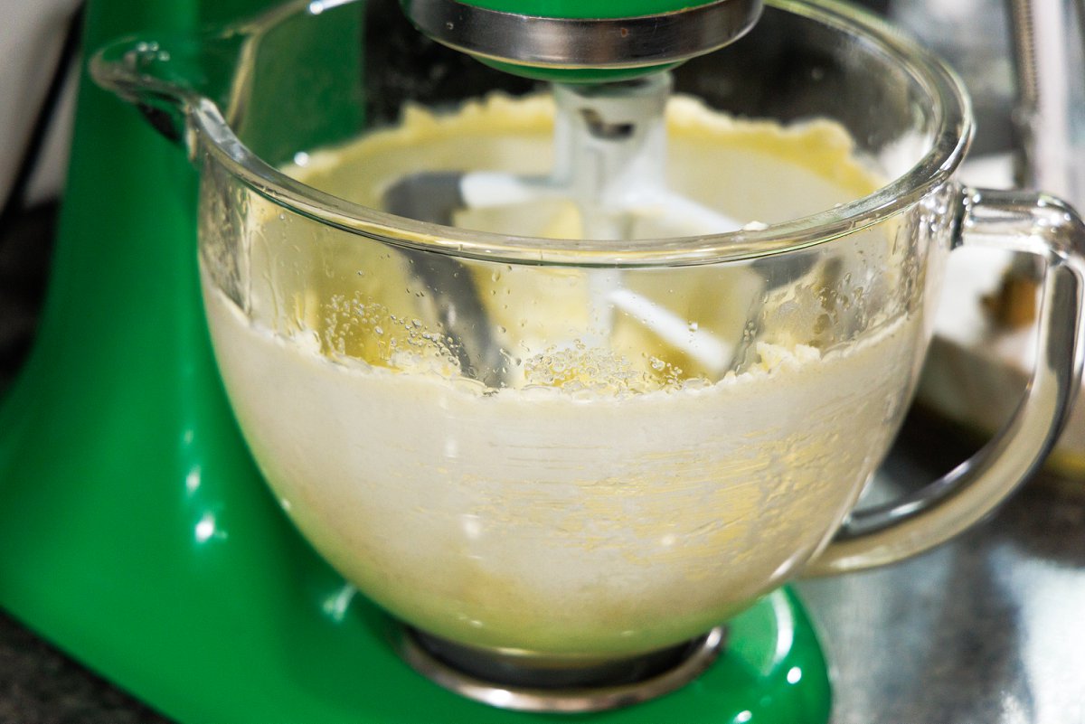 Creaming butter and sugar for shortbread cookies.