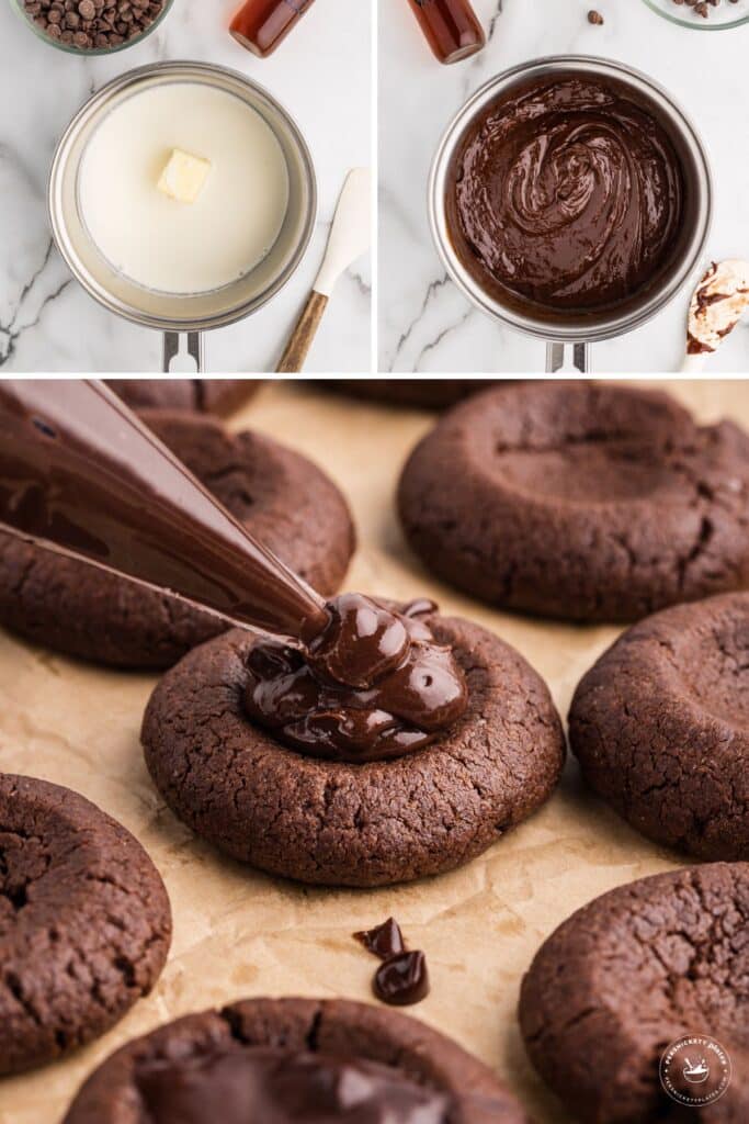 A collage showing ganache being made in a saucepan and piped into chocolate thumbprint cookies.