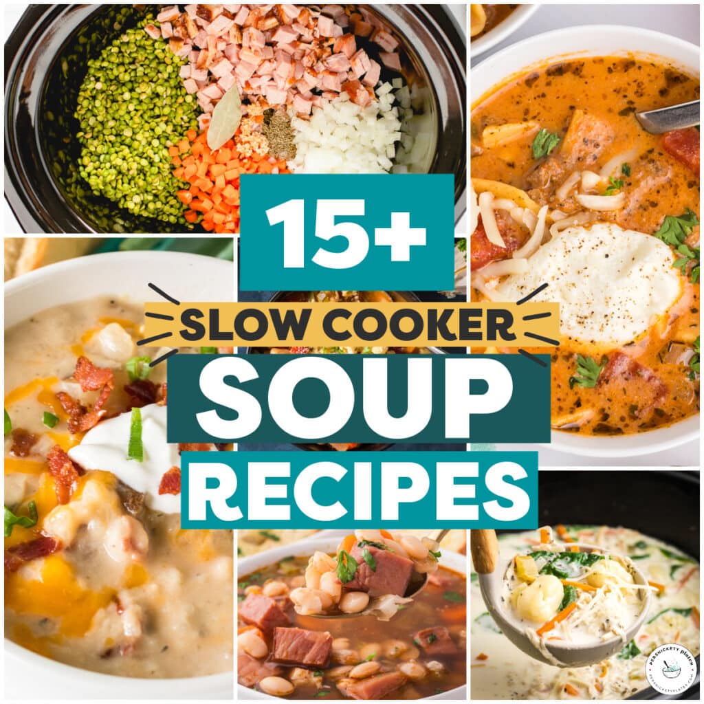Slow cooker soup photos, including creamy potato soup, bean soup, and vegetable soup.