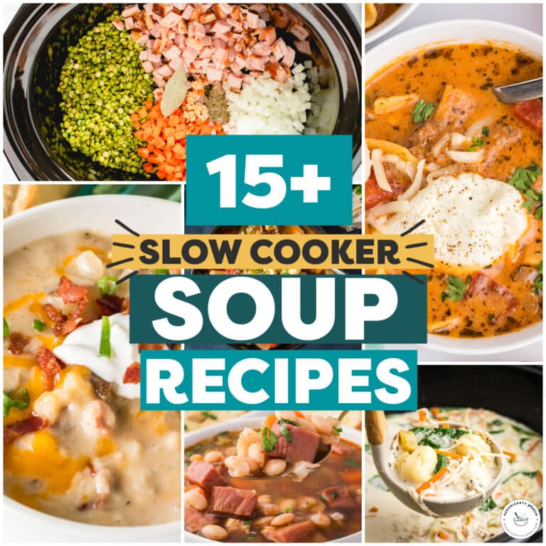 Slow cooker soup photos, including creamy potato soup, bean soup, and vegetable soup.